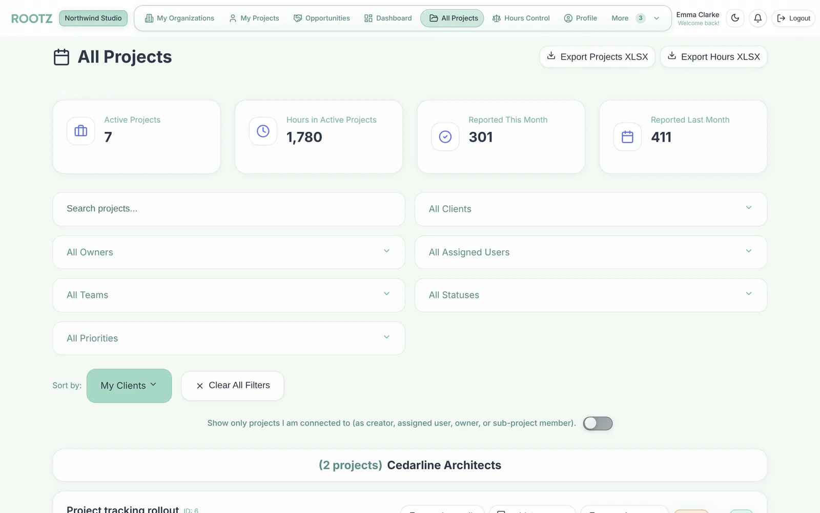 All projects overview with active projects, hours and Excel export