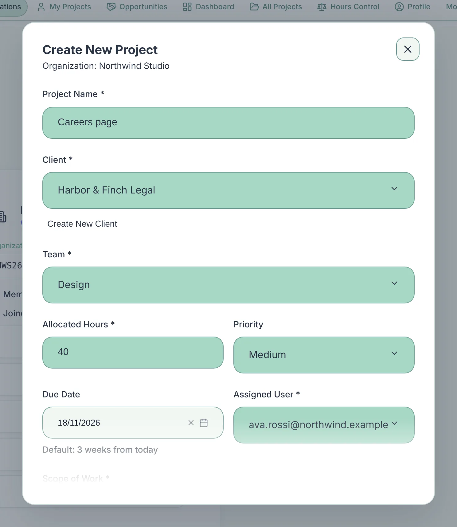 Create project form with client, team, allocated hours, due date and assigned user