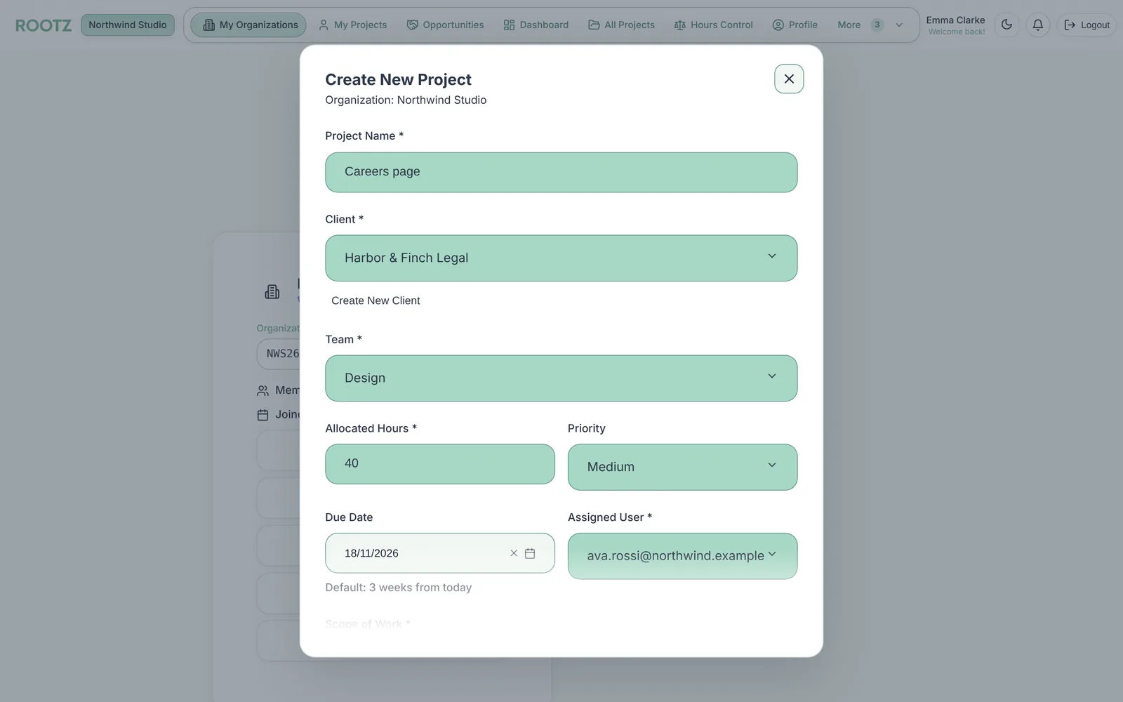 Create project form linked to a client and a team