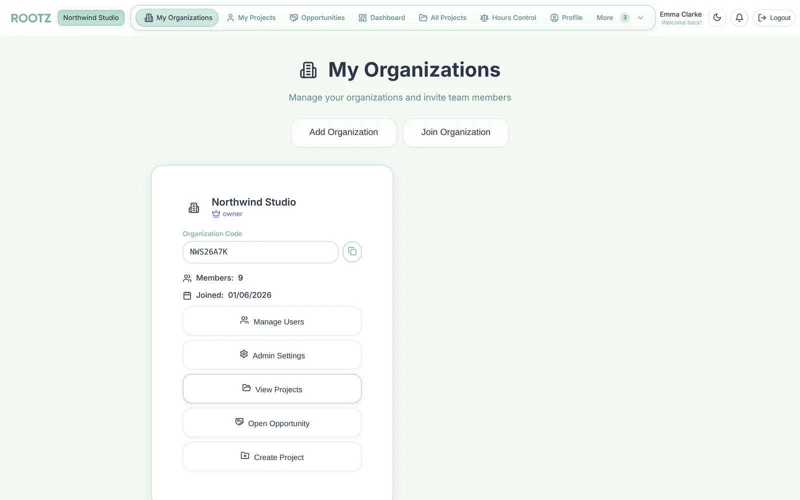Organisation page with the code teammates use to join
