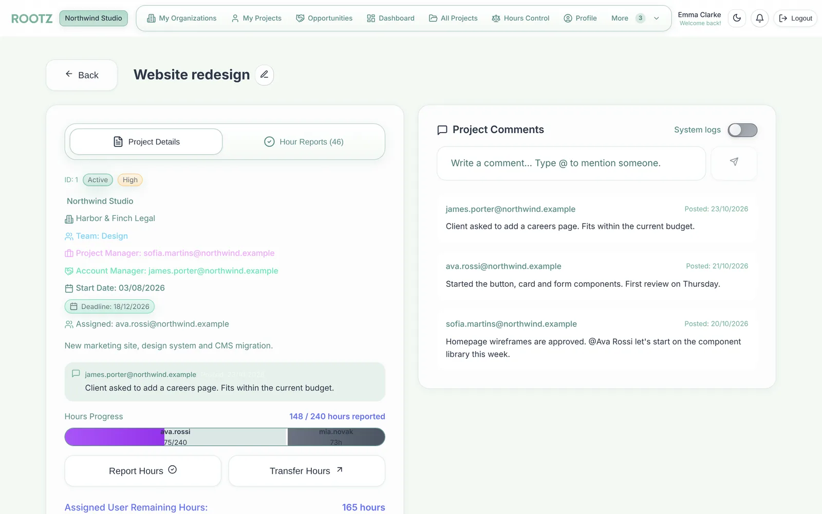Project page with details, hours progress per person and a comment thread with @mentions