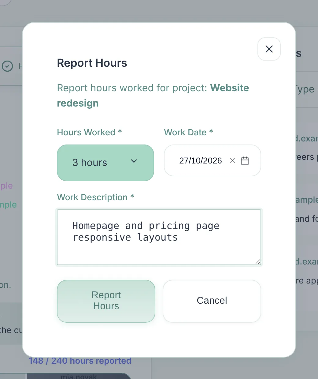 Report hours form: hours worked, work date and a description of the work